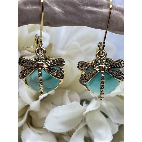 Gold plate Iridescent Dragonfly Wire Green Earrings Fall Gift Mom Birthday Wife - Picture 11 of 15
